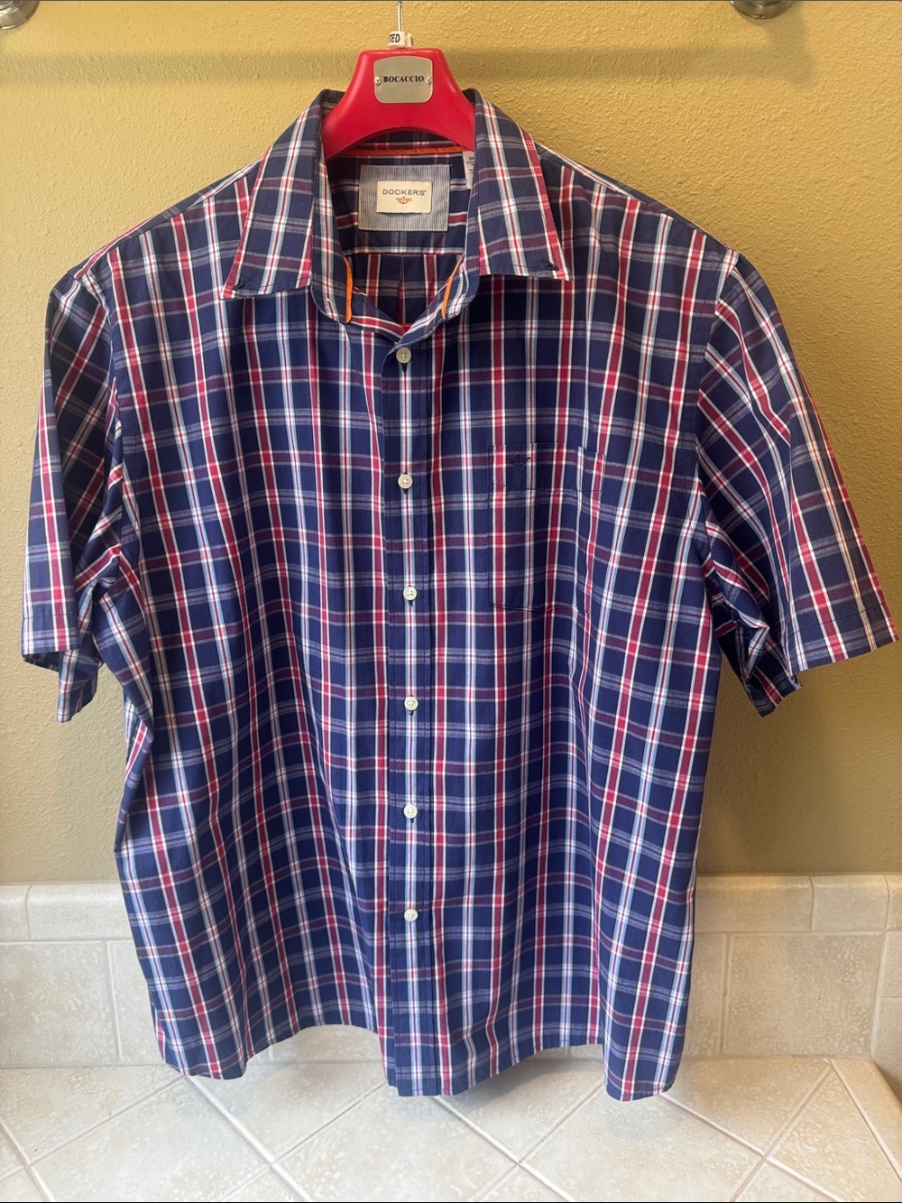 Dockers Navy and Red Plaid Short Sleeve Button-Down Shirt